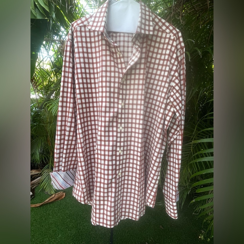 Thomas Dean Men’s Deep Red and White Checkered ButtonDown Shirt w/ Stylish Cuffs